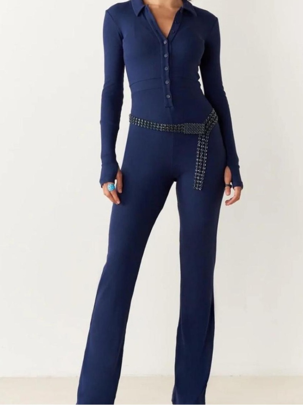 Peachy Den June Navy Long-Sleeve Button-Front Jumpsuit